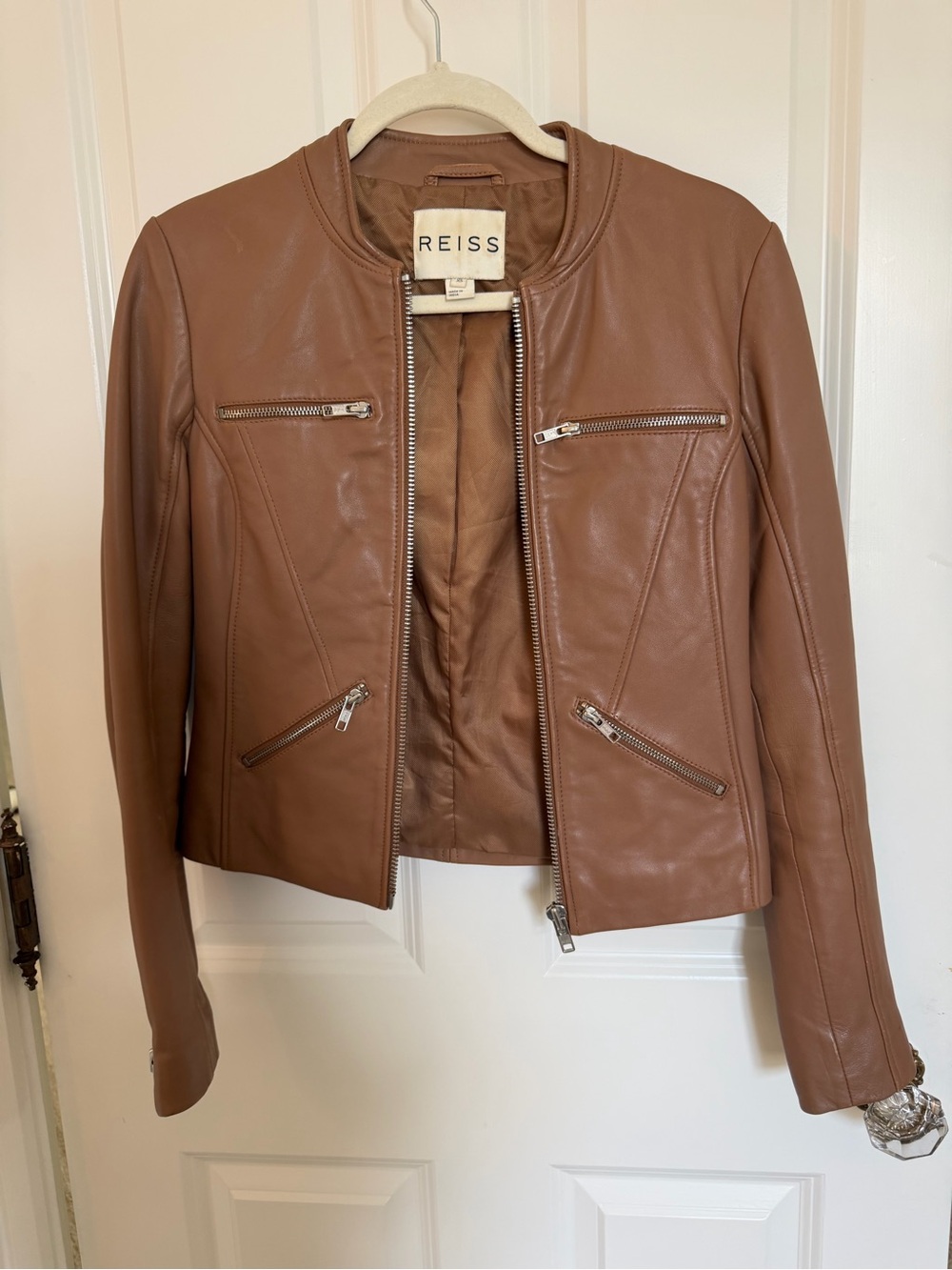 Reiss Cognac Leather Zip Front Jacket
